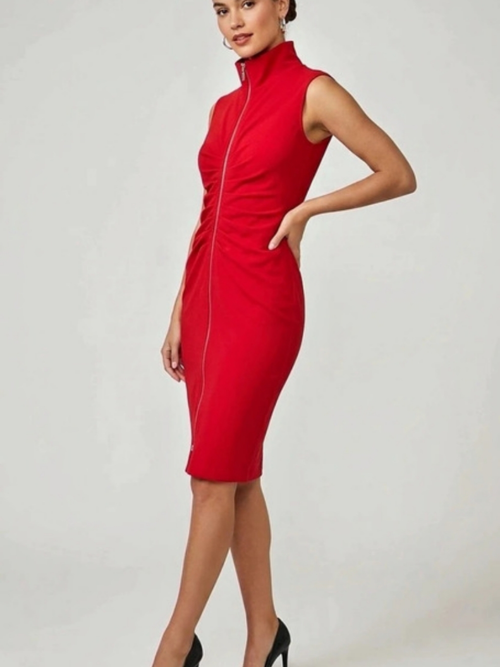Red Zip-Front Midi Dress Like New
